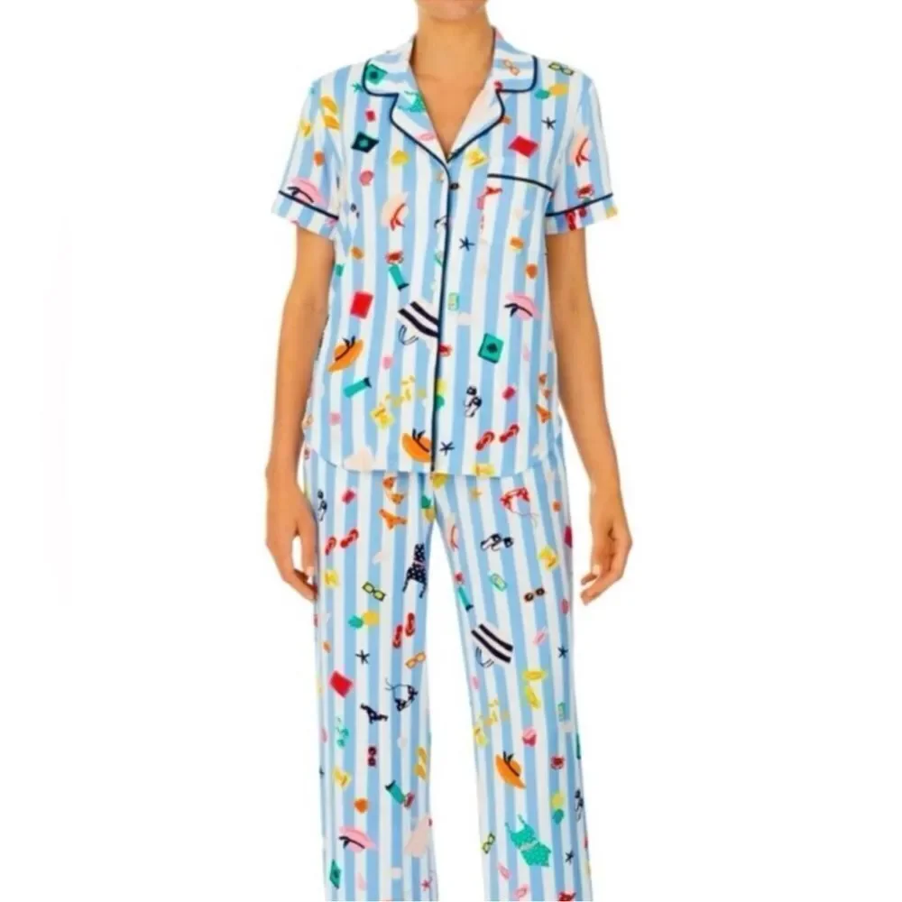 kate spade S White Aqua Blue Vertical Stripe Beach Themed Top Crop Pants PJ Set